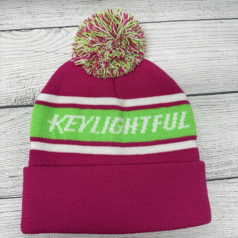 Keystone Light Pink Winter Hat With Pom Beanie Pink Green NWOT Keylightful